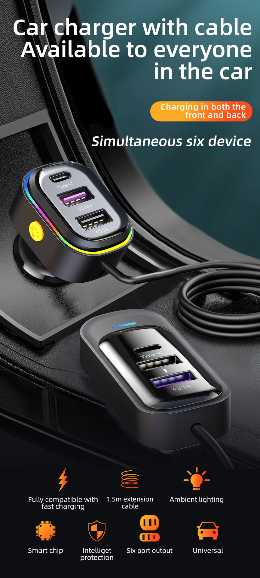 Cross-border new car usb charger snap-on car rear porous wired mobile phone 66W super fast charging