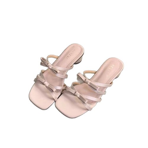Pink Bow-Adorned Square-Heel Sandals for Women | 2025 Summer Outdoor Wear | Fashionable & Casual Flip-Flops