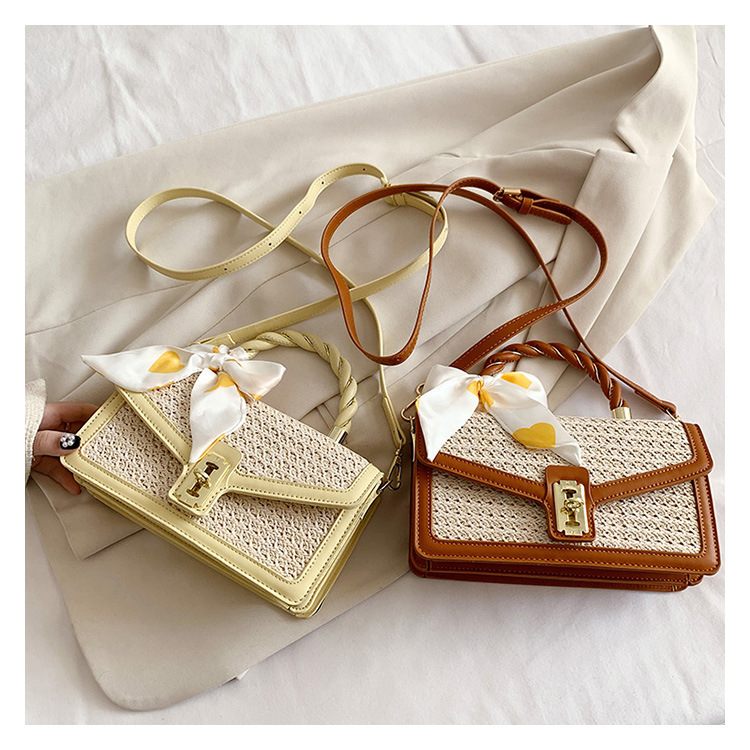 Strohtasche Für Damen Mit Seidenschal Und Drehverschluss_voghion.com