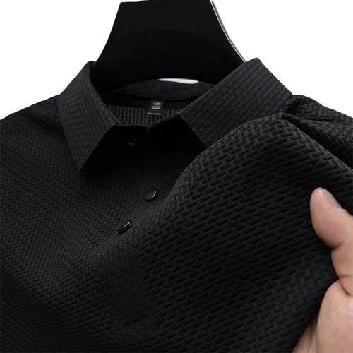 Summer polo shirt short-sleeved t-shirt for men, bamboo node embroidered mesh eye ice silk stand-up collar, solid color simple men's top
