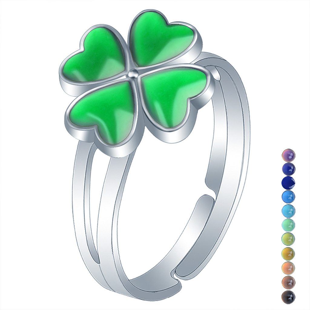 Cross-Border Korean Fashion Women's Four-Leaf Clover Petals Temperature-Sensitive Mood Color-Changing Ring Opening Manufacturer
