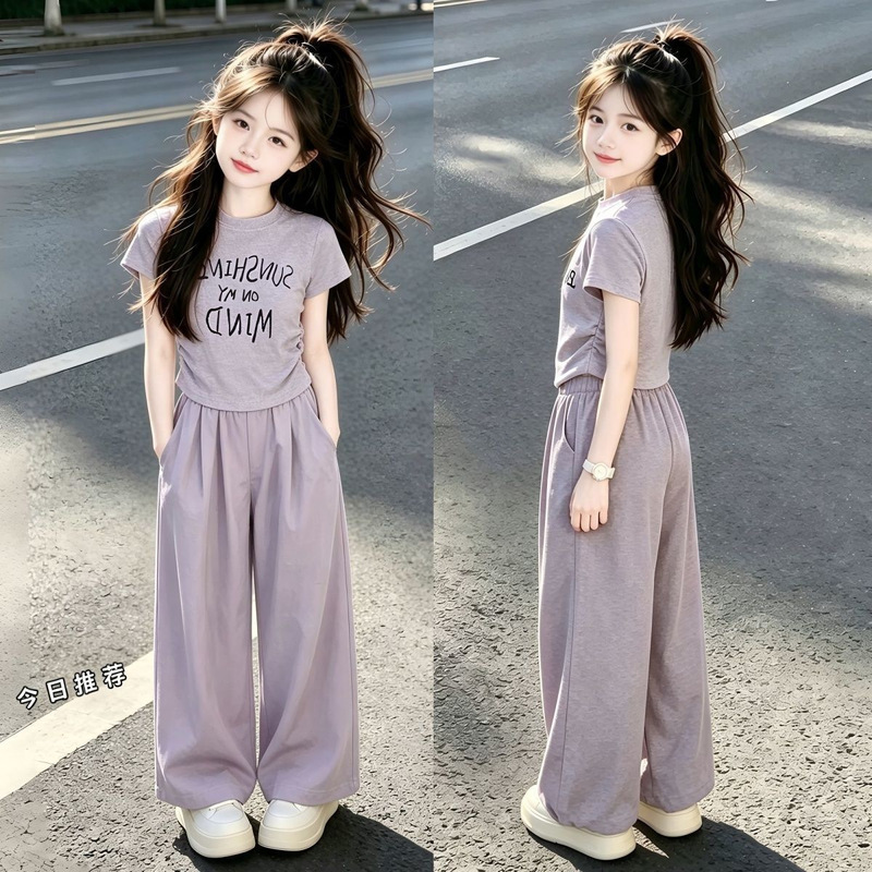 Girls' Summer Thin T-Shirt and Long Pants Two-Piece Set 2026 Korean Style Letter Print Sports Outfit for Older Children Girls' Summer Thin T-Shirt and Long Pants Two-Piece Set 2026 Korean Style Letter Print Sports Outfit for Older Children