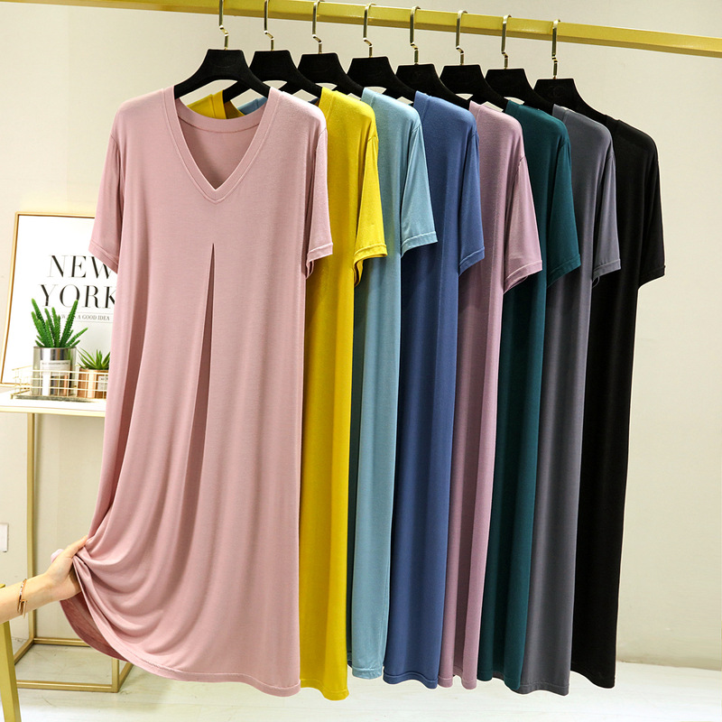 Modal Nightdress Women's Summer Large Size Loose Dress V-neck Mid-length A- line Skirt Thin Over-the-knee Household Skirt