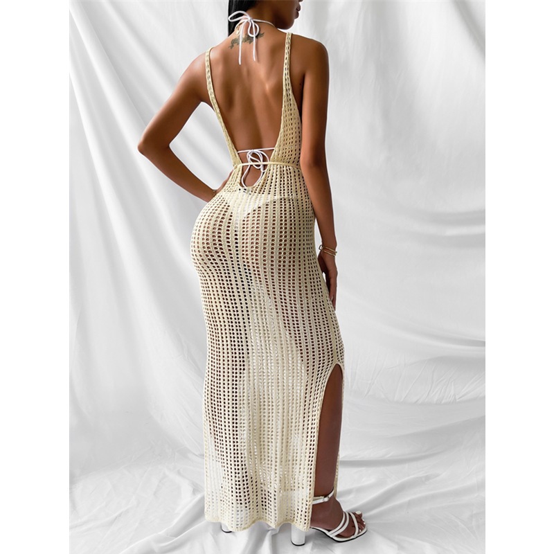 Women's Gender Wholesale Women's Sexy Hollow Out Backless Solid Color Beach V Neck Sleeveless Irregular Skirt