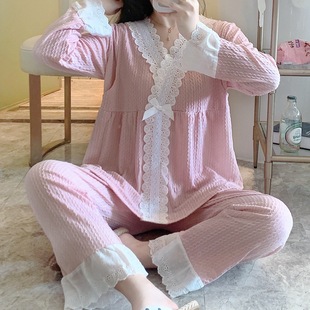 Spring and Autumn jacquard cotton maternity confinement clothing nursing pajamas elastic postpartum maternity home wear cardigan lace nursing clothing