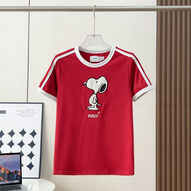 26 Spring/Summer Ch Brand Red Color-Blocking Snoopy Dog Embroidery Casual Loose Women's Short-Sleeve T-Shirt, One-Piece Drop Shipping