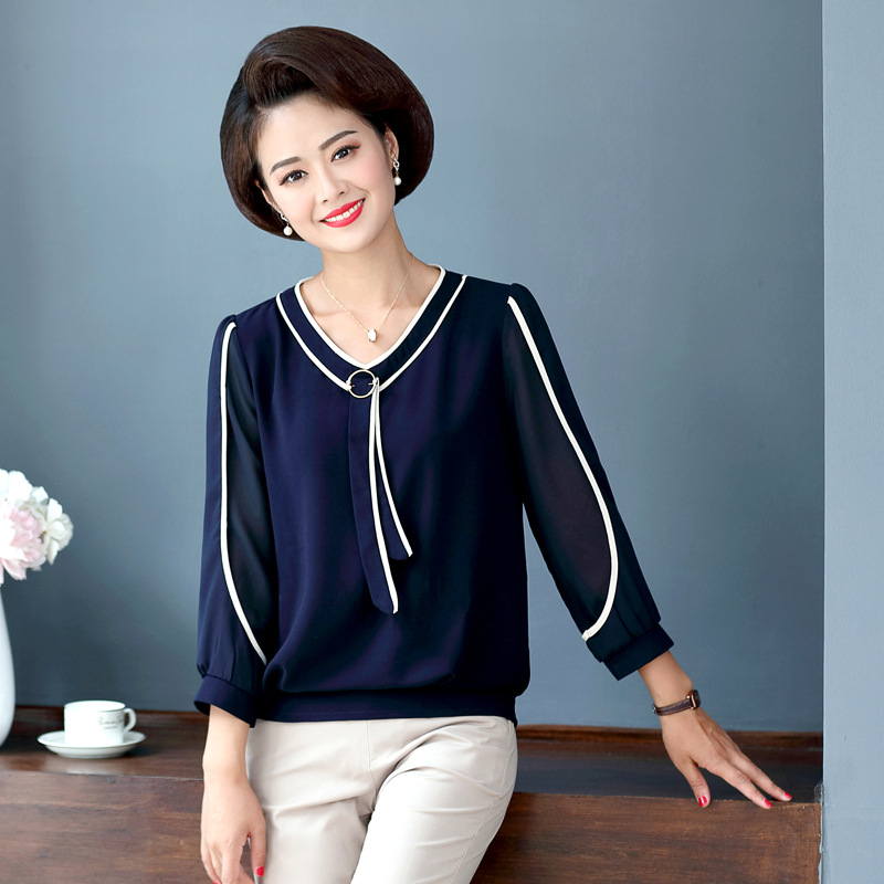 媽媽春裝洋氣雪紡小衫中年婦女夏裝上衣中老年長袖T恤上裝40歲50