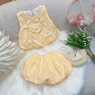2025 New Summer Girls' Cute Yellow Stereo Little Yellow Duck Skirt Versatile Suit Western Style Flower Bud Dress