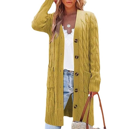 2025 European and American Foreign Trade Knitted Pocket Cardigan Autumn and Winter Long-Haired Crochet Amazon Button Cardigan Sweater Coat