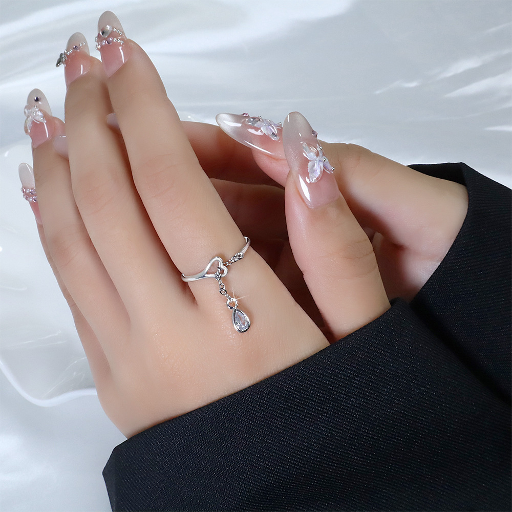 古猫宁 跨境wish女款韩版镶钻开口戒子指环手饰品小雨滴水滴戒指
