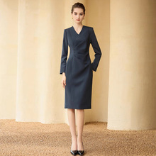 春秋新款长袖V领职业女士连衣裙修身显瘦遮肚子高级感正装女裙OL