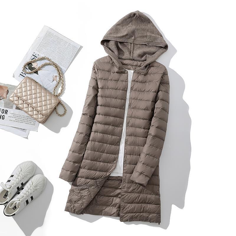 2022 autumn and winter light down jacket women's long hooded knitted hat stitching coat with light warm coat 2022 autumn and winter light down jacket women's long hooded knitted hat stitching coat with light warm coat