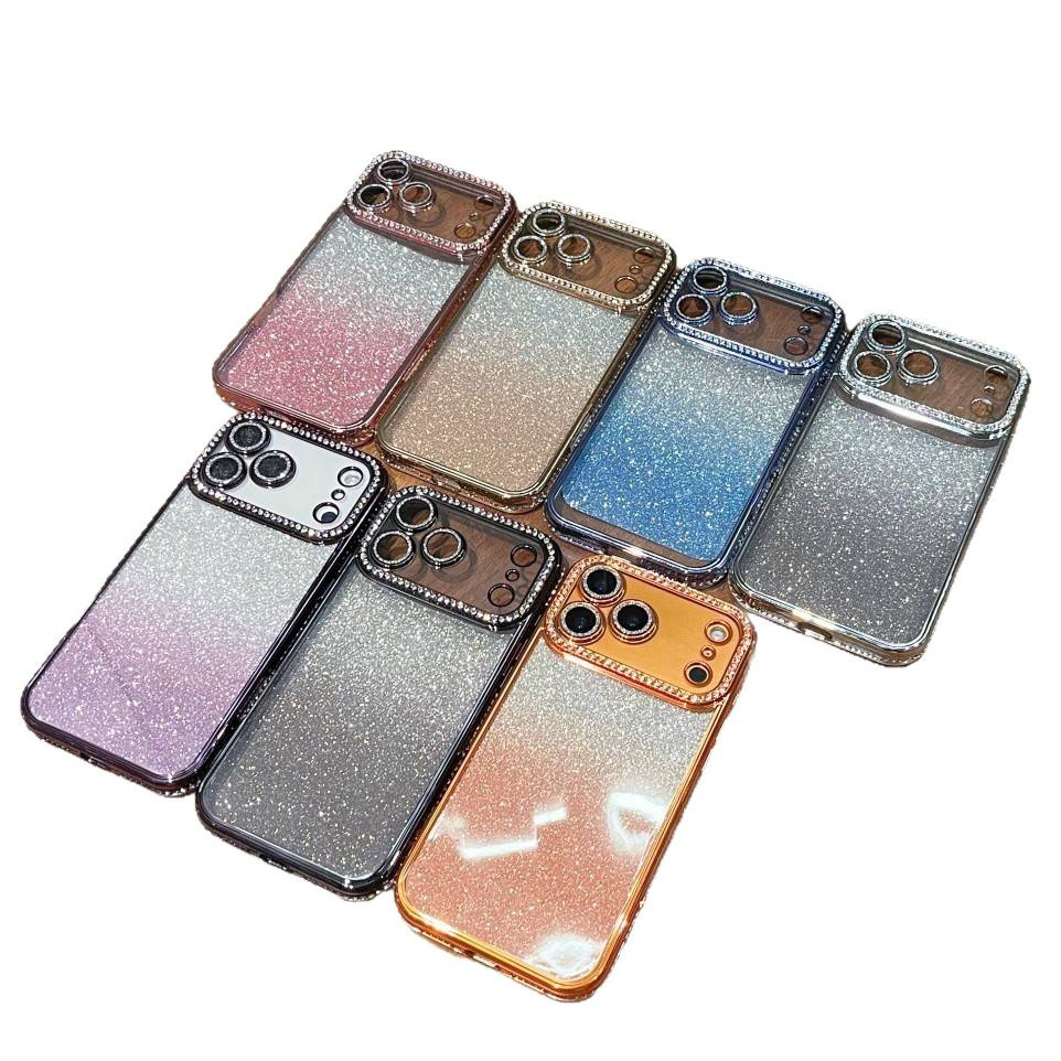 Adatto per iPhone 17 Pro Max con bordi quadrati impreziositi da diamanti, custodia glitterata sfumata per 16 Pro, 14/13, chiaro_voghion.com