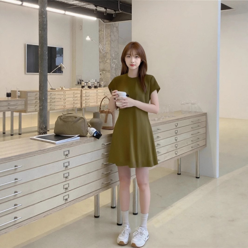 Benny's Same Style Pure Color Round Neck Short-Sleeved Dress Women's New Korean Style Slim Waist Casual A-Line Short Skirt T-Shirt Dress