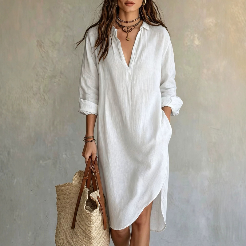 Cross-Border European and American Autumn New French-Style Linen Shirt Dress, Loose Mid-Length, Beach Vacation Style, in Stock Cross-Border European and American Autumn New French-Style Linen Shirt Dress, Loose Mid-Length, Beach Vacation Style, in Stock