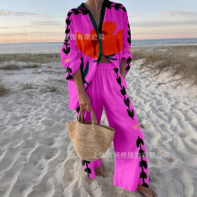 跨境欧美外贸亚马逊女士新款3D印花长袖长裤衬衫套装度假风定-制