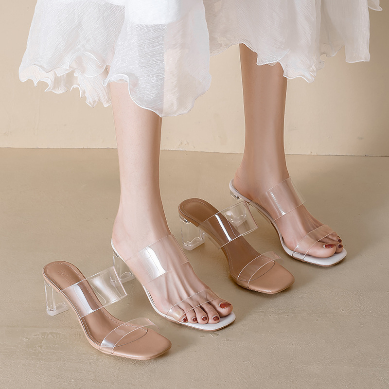 Transparent Sandals for Women 2026 Summer Style Sexy One-Line Thick Heel Sandals Crystal Heel High Heel Slippers for Women to Wear Outside