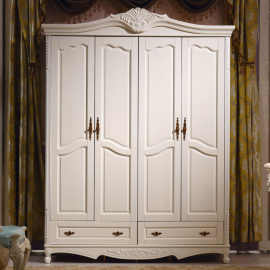 xs%XS%欧式衣柜主卧美式雕花实木大衣橱四门对开门柜抽屉储物收纳