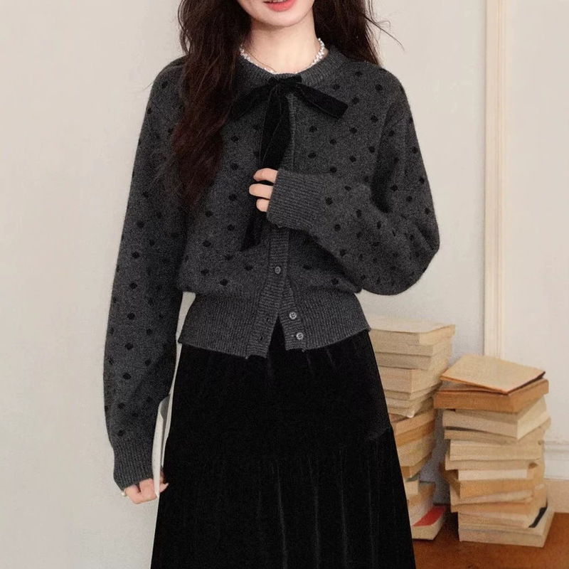High-End Gray Polka-Dot Bow-Tie Sweater Cardigan Jacket for Women in Autumn and Winter, Cute and Stylish Knitted Top for Women High-End Gray Polka-Dot Bow-Tie Sweater Cardigan Jacket for Women in Autumn and Winter, Cute and Stylish Knitted Top for Women