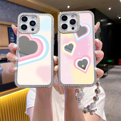 闪钻电镀镜面适用iphone16promax闪钻手机壳苹果15渐变爱心保护套