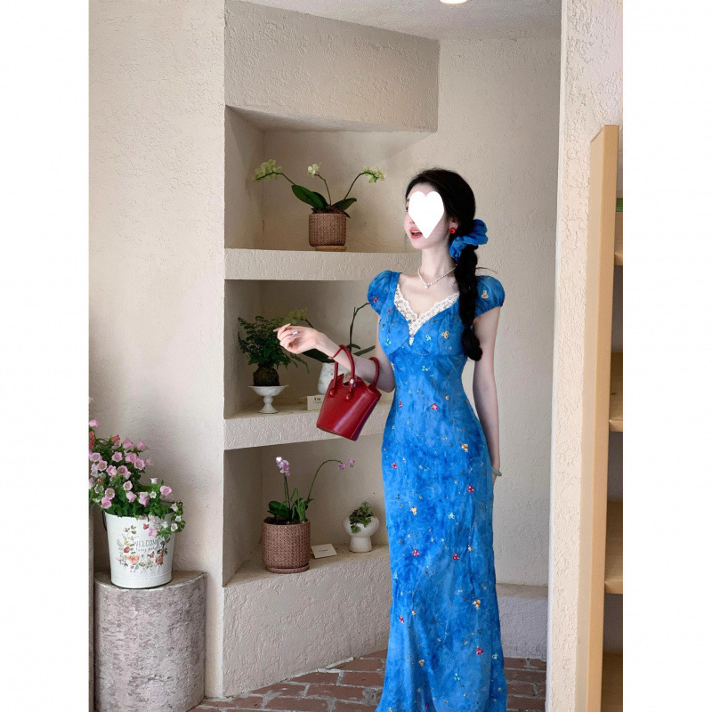 Capri Blue French Seaside Resort Style Design Niche Slim Lace Splicing Short-Sleeved Dress for Women Summer