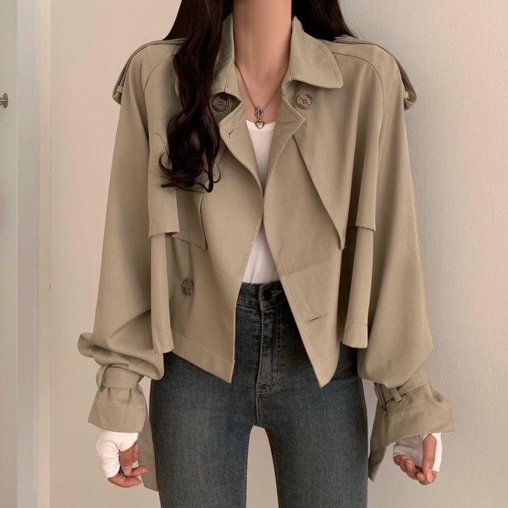 South Korea Chic Autumn Vintage Elegant Suit Collar Double-breasted Loose All-match Solid Color Long-sleeved Coat Short Coat for Women