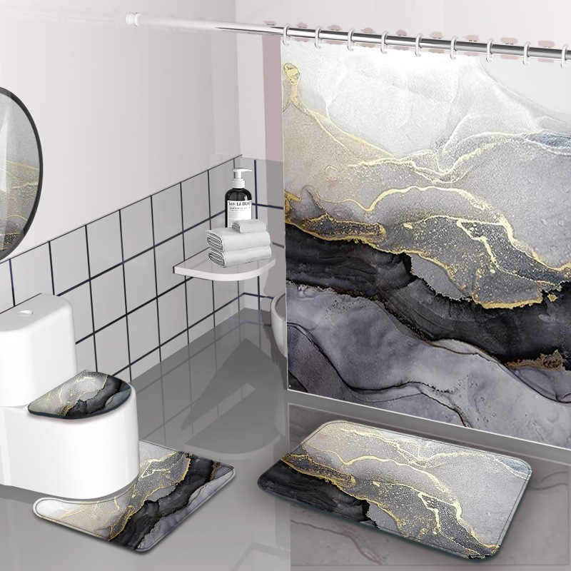 Cortina de baño de textura de mármol amazónico impermeable a prueba de moho baño de cuatro piezas cortina de baño impermeable a prueba de agua image 5