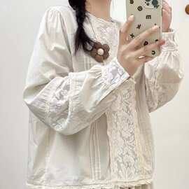 森系胸前蕾丝贴布棉衬衫女春季新款宽松百搭减龄法式泡泡袖上衣女