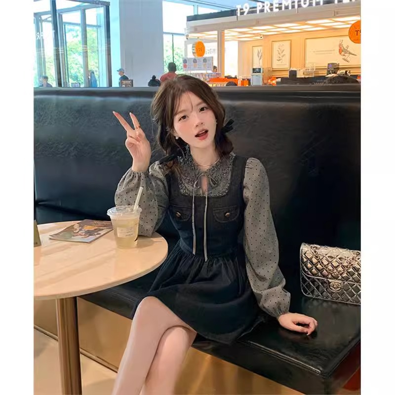 春秋穿搭一整套女宽松复古蝴蝶结牛仔背带连衣裙波点系带花边衬衫