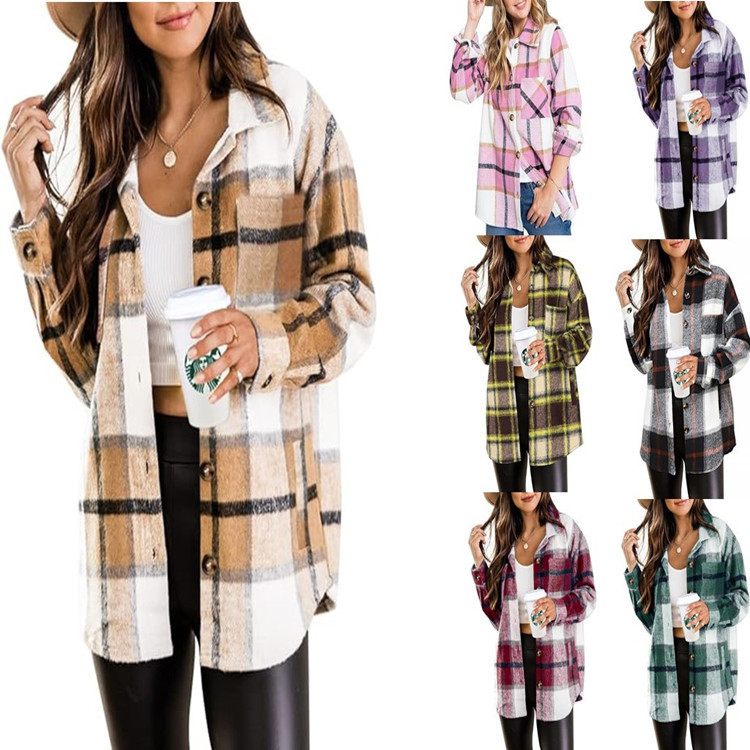 European and American Cross-Border 2025 Autumn and Winter New Long-Sleeved Lapel Loose Woolen Women's Plaid Flap Pocket Pants Shirt Casual Jacket