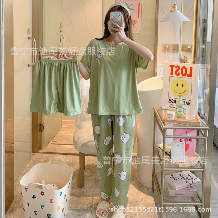 Pajamasクロスボーダー外国貿易工場卸売パジャマ女性半袖ショートパンツ長ズボン三点セット漫画ホームスーツ|undefined