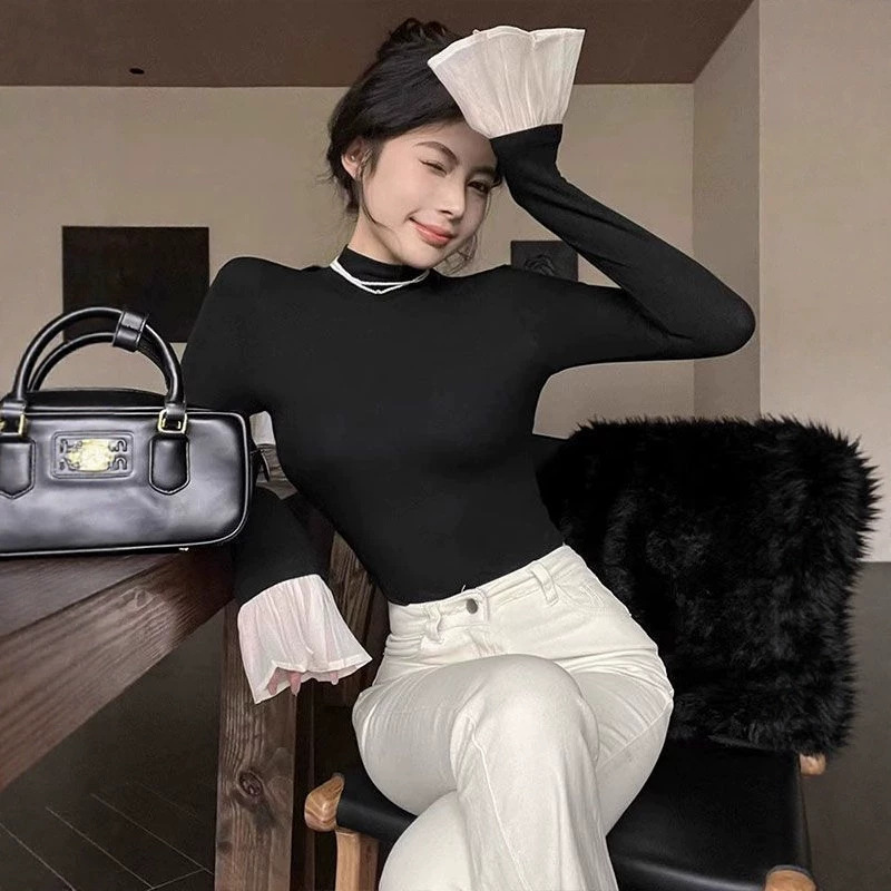 Stylish black high-neck long-sleeve T-shirt for women, new autumn slim-fit petal sleeve base shirt, versatile top