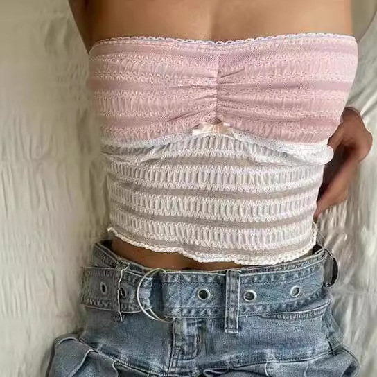 2024欧美亚马逊新款蕾丝撞色花边Y2K小背心蝴蝶抹胸双层可爱性感