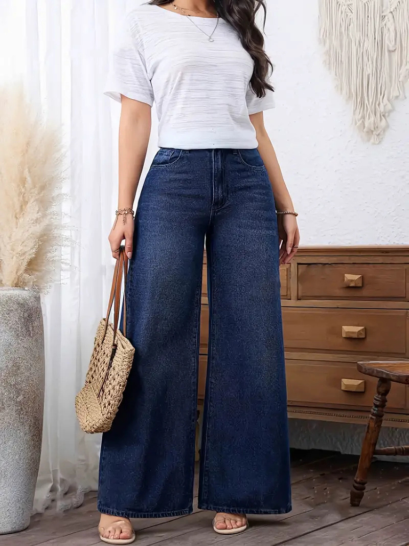 ​​Women's Classic Washed Denim Jeans - Straight Wide Leg Fit, Comfortable Stretch Fabric, Simple & Fashionable Everyday Pants​​_mkmklike.com