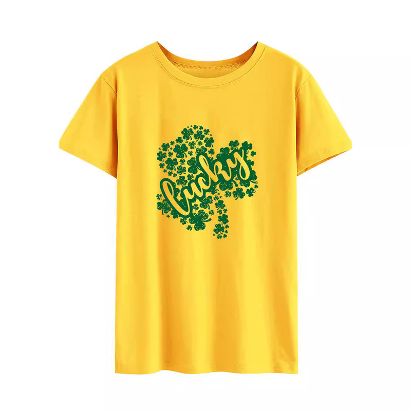 Cross-Border European and American Style T-Shirt Trendy Lucky Clover Print Women's Cotton Short-Sleeve Top