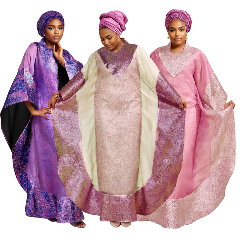 Aliexpress Cross-Border Foreign Trade African Gold-Stamped Plus-Size Robe Headscarf Women's Tassel Dress + Vest Two-Piece Set