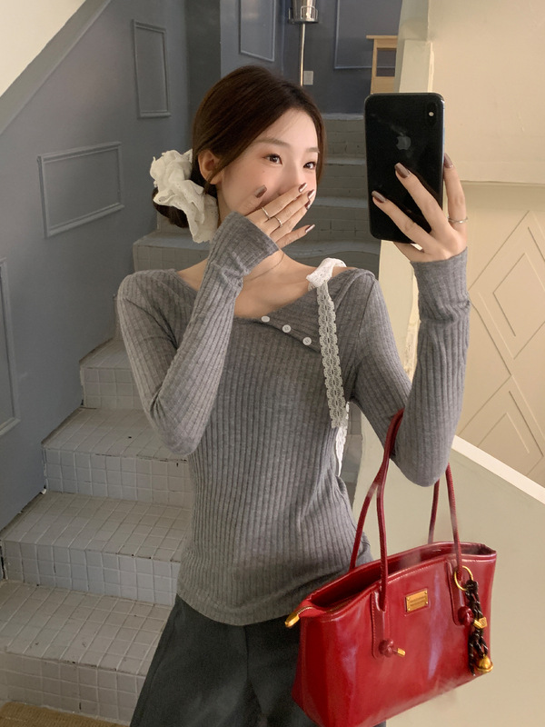 纯欲花灰斜肩蕾丝绑带长袖T恤女2025早秋新款纽扣收腰不对称上衣|undefined
