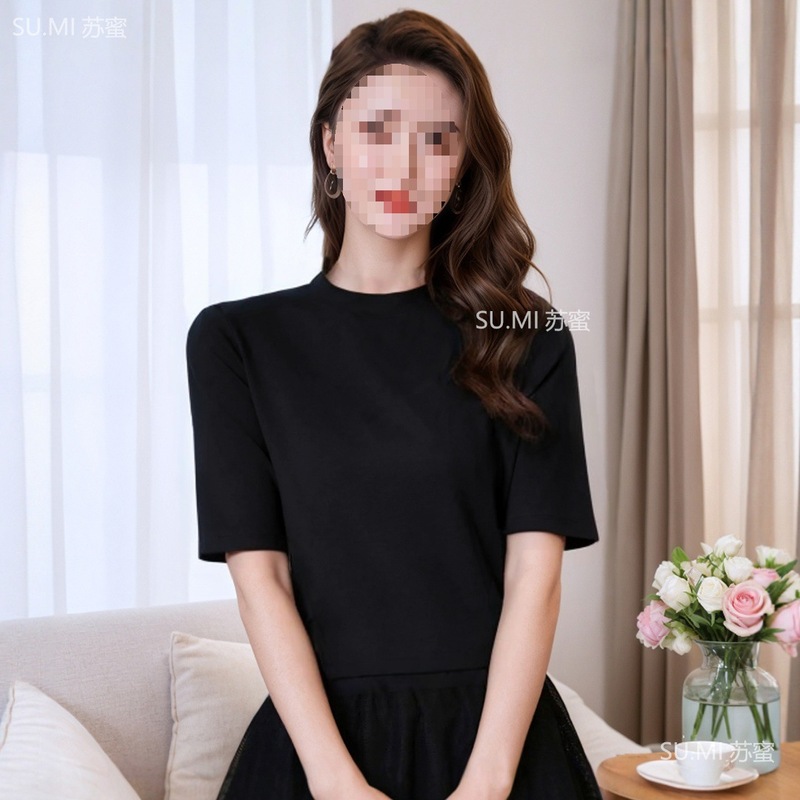 【苏蜜】2025夏季五分袖圆领冰氧棉时尚百搭上衣女纯色中袖显瘦恤|undefined