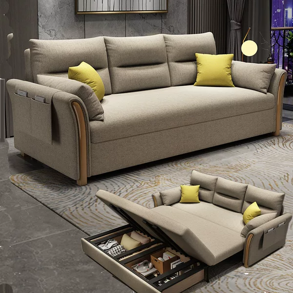 Folding Sofa Bed, Dual-Purpose, for Small Apartments, Double-Seater, Multifunctional, with Pull-Out Storage, Nordic Style, Solid Wood Sofa Bed
