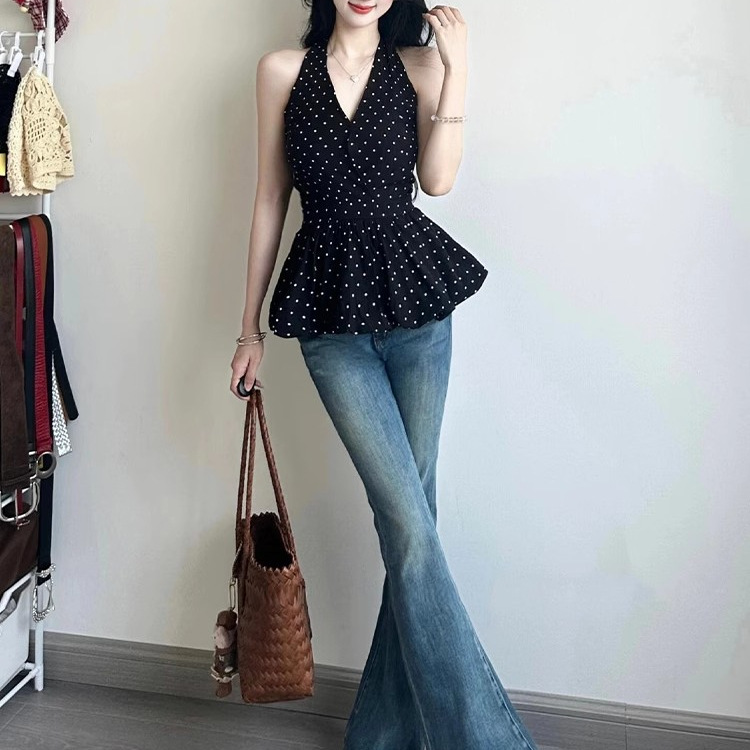 Sweet Style Black Polka Dot Halterneck V Neck Vest Women's Summer Design Niche Slim Fit Chic and Beautiful Top Sweet Style Black Polka Dot Halterneck V Neck Vest Women's Summer Design Niche Slim Fit Chic and Beautiful Top