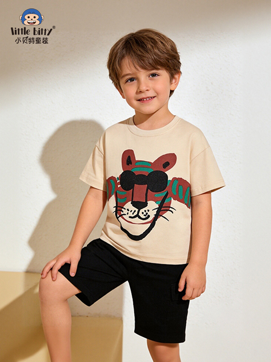 Cross-Border Supply 2026 Spring/Summer New Children's Short-Sleeve Set Cartoon Tiger Round Neck Printed Two-Piece Children's Clothing