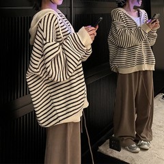 复古中性撞色条纹连帽针织衫外套秋冬宽松学院风软糯拉链毛衣开衫