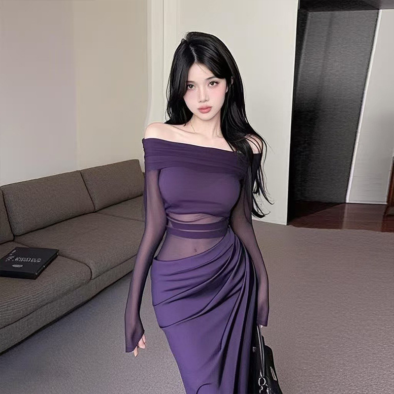 Elegant Mature Style Mesh Patchwork Off-Shoulder Dress for Women, Spring and Autumn Season, with Clever Cut-Out Design, Waist-Revealing, Slimming Mid-Length Dress
