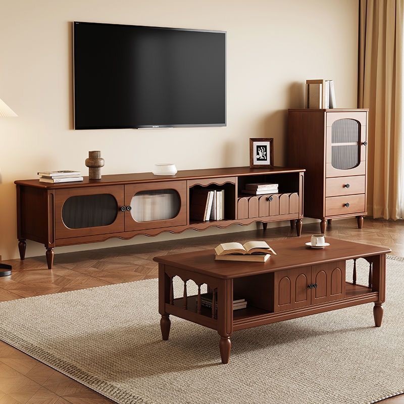 Retro Solid Wood Tv Cabinet Coffee Table Combination Living Room Home French Mid-Century Style Storage Tv Cabinet Children
