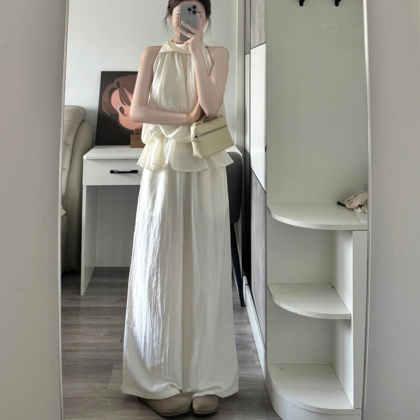 Korean-Style Gentle Style Halter-Neck Ruffled Sleeveless Top and Drapey Wide-Leg Pants Set for Women, Summer Loose-Fitting Slimming Two-Piece Set