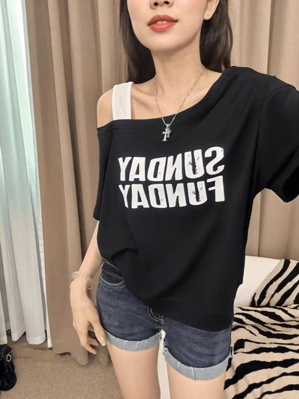 2025夏 オフショルダーサスペンダー コントラストレターカジュアルプリント半袖Tシャツ おしゃれ ゆったり 着痩せ 万能韓国版|undefined