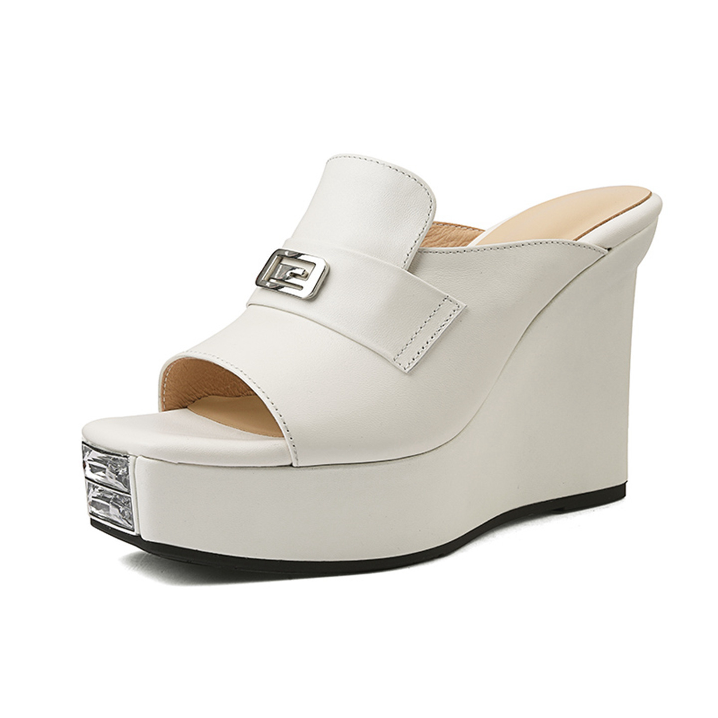 Sandal cao gót nữ mũi cá hở ngón, đế dốc dày da bò, gót 10.5 cm — Lời bài hát: Black (Sheep Flip) chi tiết 11