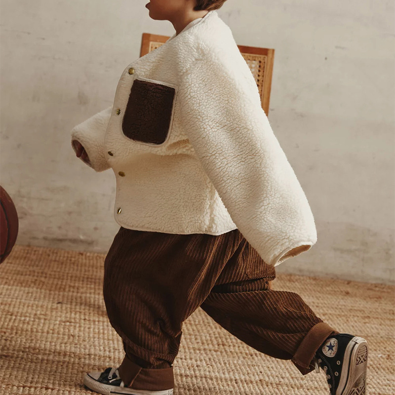 25 봄과 가을 새로운 양고기 울 재킷 디자인 크루 넥 싱글 브레스트 아동복 재킷 소년 소녀  긴 소매 카디건