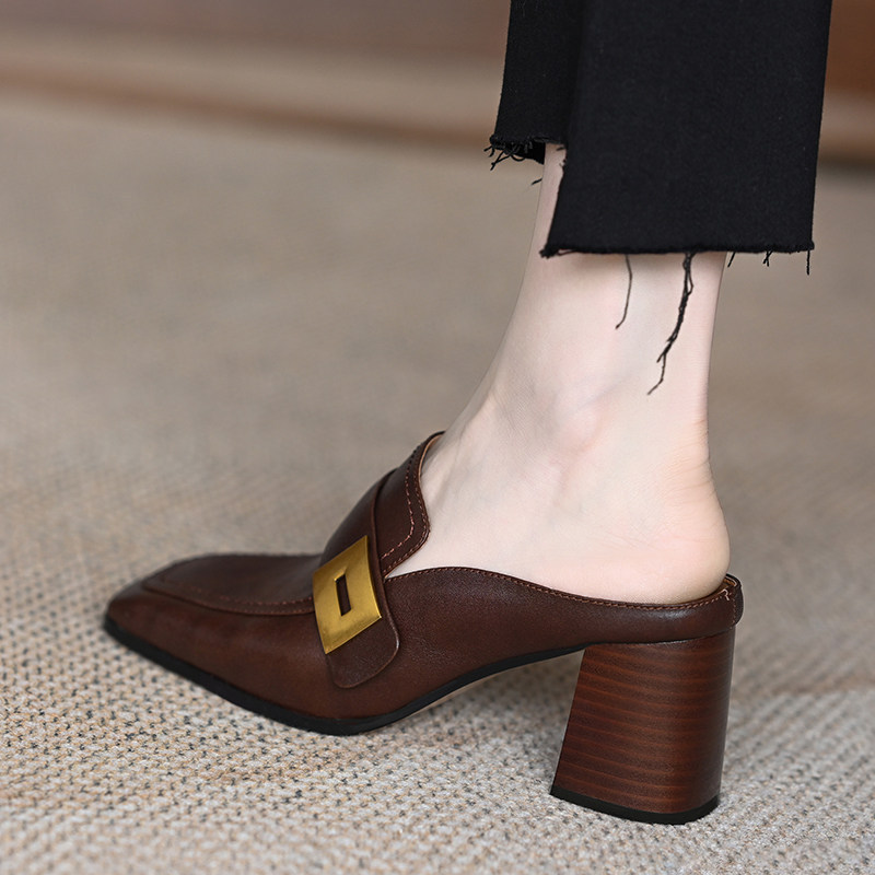 [In Stock] C9962-1 Women's High Heel Chunky Heel Square Toe Metal Buckle Slip-On Mules