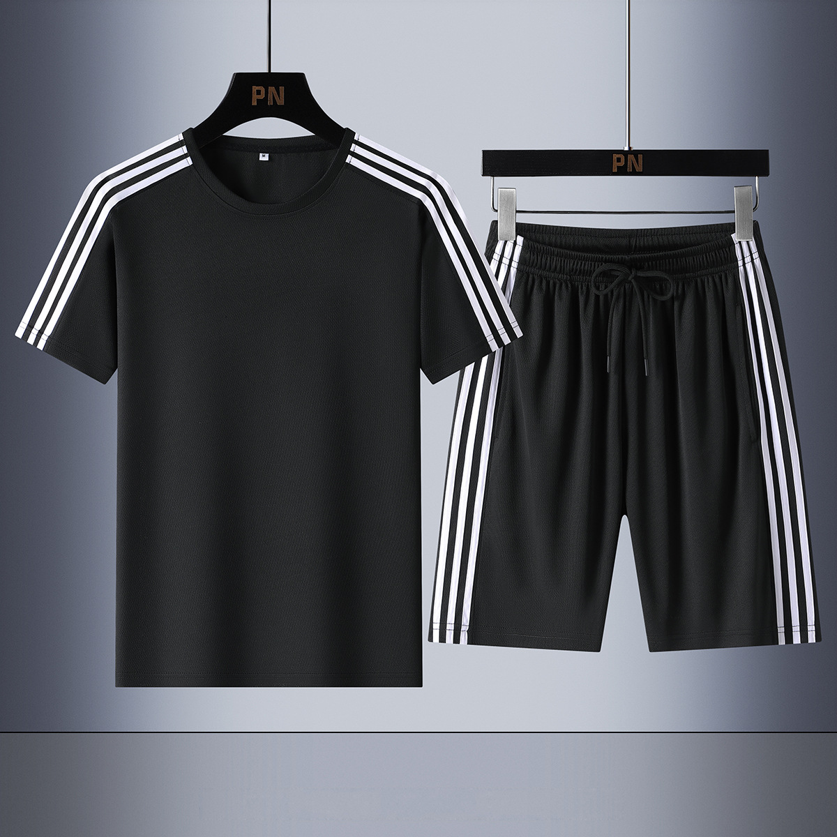 Traje deportivo de tres barras de verano transfronterizo para hombre suelto y versátil de manga corta para hombre estilo delgado clásico corriendo de dos piezas de gran tamaño